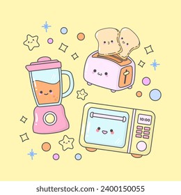 Vector Kitchen appliances blender toaster microwave with cute facial expressions and pastel colour