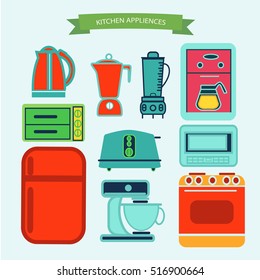 vector kitchen appliances icons in flat design style elements collection.