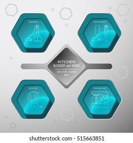 Vector kitchen blender and mixer icons set on the hexagon gradient background with blender, professional mixer.