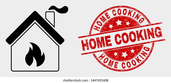 Vector kitchen building icon and Home Cooking watermark. Red round scratched watermark with Home Cooking text. Vector combination for kitchen building in flat style.