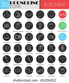 Vector Kitchen circle white black icon set. Modern line black icon design for web