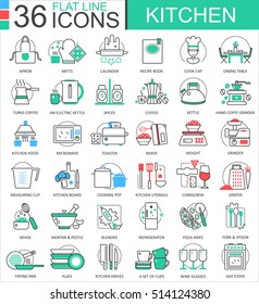 Vector Kitchen color flat line outline icons for apps and web design. Internet education icons