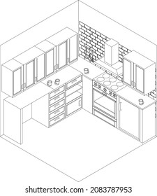 Vector kitchen coloring book in isometry. An illustration on the theme of the interior.