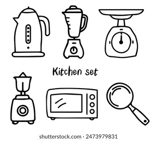 Cocina de Vector, doodle iconos conjunto: hervidor eléctrico, batidora de encimera, escala de cocina, procesador de alimentos, horno de microondas y sartén, aislado en blanco