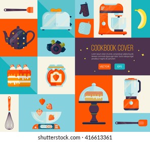 Vector kitchen cover. Cooking design to print. Printable art for culinary postcard, book and menu. Collection of kitchenware object on a color mosaic. Background for printing, web banners or card. 