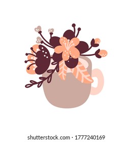 Vector kitchen cup illustration with floral bouquet for food blog. Hand drawn cute design element. For restaurant, cafe menu or banner, poster.