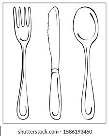 Vector kitchen cutlery. Fork, knife abd spoon. Outline illustration with Kitchen Utensils isolated on a white background. Template for graphic design of packaging or menu. Vector stock illustration