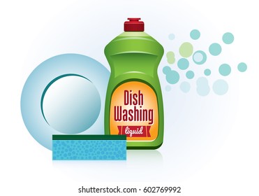 Vector kitchen dish washing liquid bottle clean plate and sponge. Isolated on white background. Vector illustration, icon. Hygiene concept