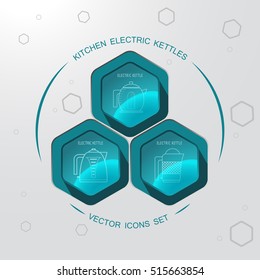 Vector kitchen electric kettle icons set on the hexagon gradient background.