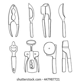 vector kitchen equipment and cutlery hand drawn line art cute illustration