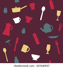 Vector kitchen food spoon knife  cook restaurant pot cup plate seamless pattern background texture template