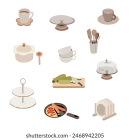Vector kitchen icons illustration. Kitchen equipment. Kitchen apron, knife set, blender, sauce pans, plates, cutting board, frying pan, saucepan and coffee cup, food containers. Flat illustration