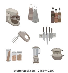 Ilustración de iconos de Vector. Equipo de cocina. Delantal de cocina, juego de cuchillos, licuadora, sartenes, platos, tabla de cortar, sartén, cacerola y taza de café, contenedores de alimentos. Ilustración plana
