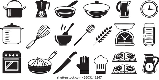 Vector kitchen icons set including food, drink, and cooking utensils silhouettes