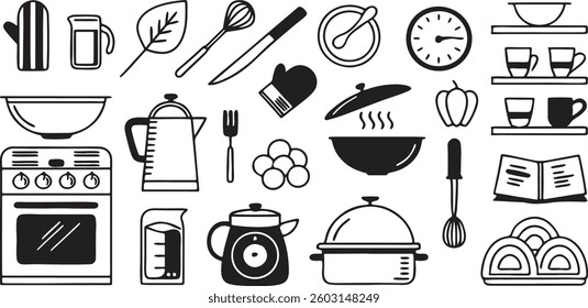 Vector kitchen icons set including food, drink, and cooking utensils silhouettes