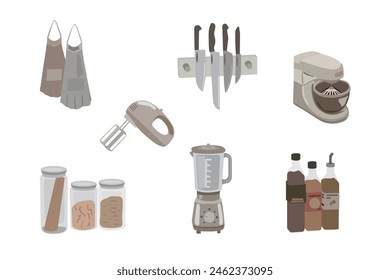 Vector kitchen illustration. Kitchen equipment. Kitchen apron, knife set, blender, sauce pans and food containers. Flat illustration