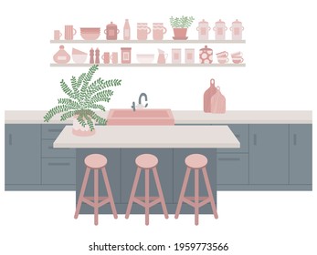 Vector kitchen interior with big kitchen island. Flat style kitchen interior design. Kitchen furniture with table, bar chairs, wooden shelves, cooking tools, dishes, plates, sink, window, houseplant.