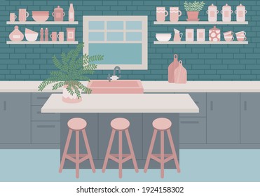 Vector kitchen interior with brick wall. Flat style kitchen interior design. Kitchen furniture with table, bar chairs, wooden shelves, cooking tools, dishes, plates, sink, window, houseplant.