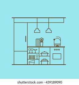 Vector kitchen interior design made of thin line. Linear concept of modern kitchen with cooking utensils, furniture, interior decor. Flat style. Perfect for website banners and promotional materials.