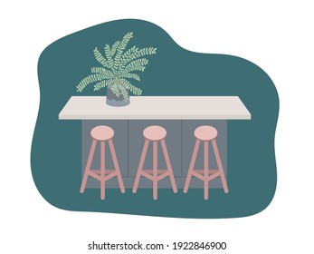 Vector Kitchen Island With Dinner Table, Bar Chairs, Houseplant. Kitchen Interior Isolated. Vector Stock Illustration. Home Dinner Furniture.