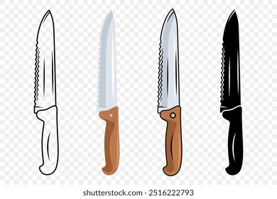 Vector Kitchen Knife Icon Set. Bread Knife with Serrated Blade, Chef Knife Design Templates. Outline, Colored, Silhouette Knife. Vector Illustration