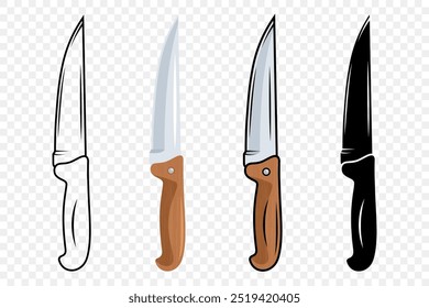 Vector Kitchen Knife Icon Set. Chef Knife with Sharp Blade, Kitchen Knife Design Templates. Outline, Colored, Silhouette Knife. Vector Illustration