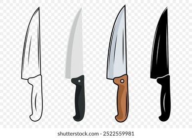 Vector Kitchen Knife Icon Set. Chef Knife with Sharp Blade, Kitchen Knife Design Templates. Outline, Colored, Silhouette Knife. Vector Illustration