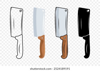 Conjunto de iconos de cuchillo de cocina de Vector. Cuchillo de cocinero con cuchilla afilada, Plantillas de diseño de cuchillo de cocina. Esquema, coloreado, cuchillo de silueta. Ilustración vectorial