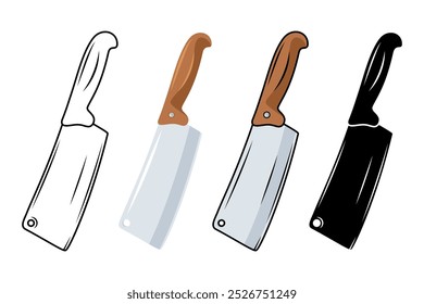 Conjunto de iconos de cuchillo de cocina de Vector. Cuchillo de cocinero con cuchilla afilada, Plantillas de diseño de cuchillo de cocina. Esquema, coloreado, cuchillo de silueta. Ilustración vectorial