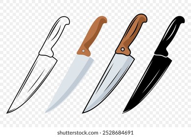 Vector Kitchen Knife Icon Set. Chef Knife with Sharp Blade, Kitchen Knife Design Templates. Outline, Colored, Silhouette Knife. Vector Illustration