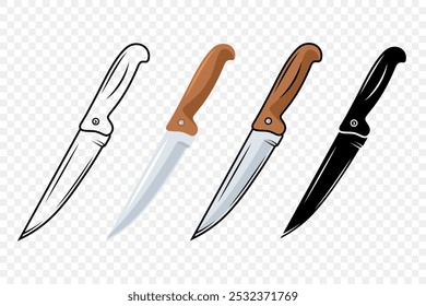 Vector Kitchen Knife Icon Set. Chef Knife with Sharp Blade, Kitchen Knife Design Templates. Outline, Colored, Silhouette Knife. Vector Illustration