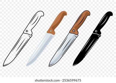 Vector Kitchen Knife Icon Set. Bread Knife with Serrated Blade, Kitchen Knife Design Templates. Outline, Colored, Silhouette Knife. Vector Illustration