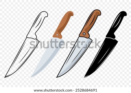 Vector Kitchen Knife Icon Set. Chef Knife with Sharp Blade, Kitchen Knife Design Templates. Outline, Colored, Silhouette Knife. Vector Illustration