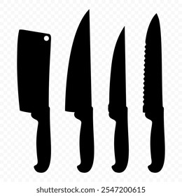 Vector Kitchen Knife Silhouette Icon Set, Isolated. Various Kitchen Knives Design Templates, Chef Kitchen Knife