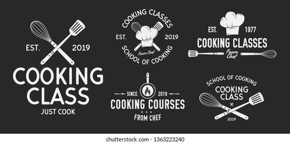 Vector Kitchen Logo Set. 5 Vintage Cooking Class Emblems. Cook And Food Labels, Emblems, Logo. Culinary School, Food Studio, Cooking Courses. Kitchen Logo Template.