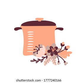 Vector kitchen pan illustration with floral bouquet for food blog. Hand drawn cute design element. For restaurant, cafe menu or banner, poster.