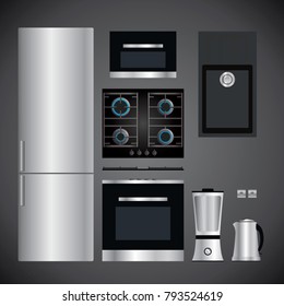 Vector kitchen refrigerator oven microwave kettle sink juicer sockets and gas hob with 4 cooking zones