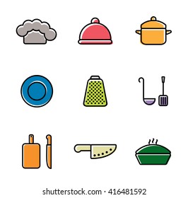 Vector kitchen, restaurant and culinary icons. Chef cap, cloche, pan, knife and plate