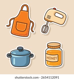 Vector kitchen set featuring utensils, cookware, and food elements