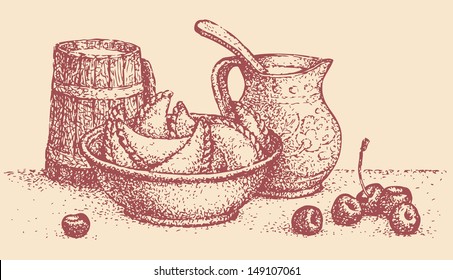 Vector kitchen still life. Dumplings in a bowl, cream in a pot and a  kuhol with milk 