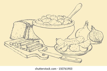 Vector kitchen still life. Potatoes in a clay pot,  pickled cucumbers, garlic, onions, rye bread and chopped bacon slices 