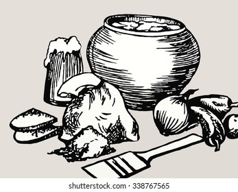 Vector kitchen still life. Potatoes in a clay pot, onion, sliced bread slices with  beer mug