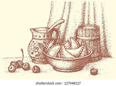 Vector kitchen still life. Traditional Ukrainian food: dumplings with cherry in a clay bowl, cream in a pot and a wooden kuhol with milk