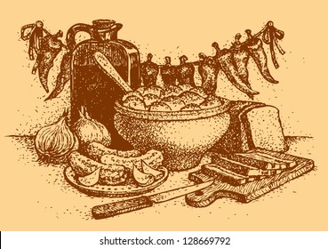 Vector kitchen still life. Traditional Slavic food: potatoes in a clay pot, baked in the oven, seasoned with vegetable oil, pickled cucumbers, garlic, onions, dried peppers, rye bread and bacon slices