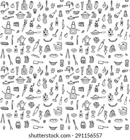 Vector kitchen stuff doodle seamless pattern. Hand drawn food background. High quality design element.