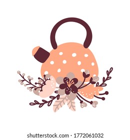 Vector kitchen teapot illustration with floral bouquet for food blog. Hand drawn cute design element. For restaurant, cafe menu or banner, poster.