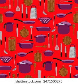 Vector - kitchen tools illustration seamless pattern colored template.