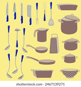 Vector - kitchen tools, pot, pan, knife, fork and spoon, illustration.