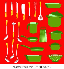 Vector - kitchen tools, pot, pan, knife, fork and spoon, illustration.