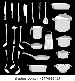 Vector - kitchen tools, pot, pan, knife, fork and spoon, illustration.
